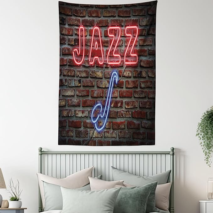 Ambesonne Music Tapestry Queen Size, Image of Alluring Neon All Jazz Sign Saxophone Instrument on Brick Wall Print, Wall Hanging Bedspread Bed Cover Wall Decor, 88" X 88", Red Blue