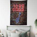 Ambesonne Music Tapestry Twin Size, Image of Alluring Neon All Jazz Sign Saxophone Instrument on Brick Wall Print, Wall Hanging Bedspread Bed Cover Wall Decor, 68" X 88", Red Blue