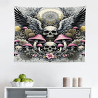 Ambesonne Gothic Tapestry, Blushy Mushrooms and Wingy Skull with Lace and Cactus Flowers Art Boho, Fabric Wall Hanging Decor for Bedroom Living Room Dorm, 28" X 23", Pink Grey Yellow Mustard
