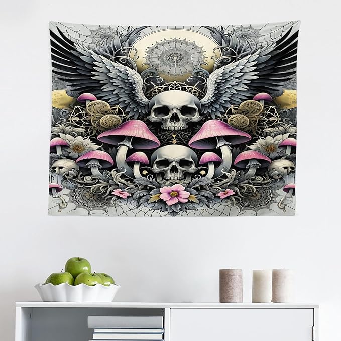 Ambesonne Gothic Tapestry, Blushy Mushrooms and Wingy Skull with Lace and Cactus Flowers Art Boho, Fabric Wall Hanging Decor for Bedroom Living Room Dorm, 28" X 23", Pink Grey Yellow Mustard