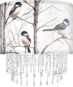 Winter Bird Tree Lamp Shade with Acrylic Bead Droplets, Blue Jay Fabric Light Shade for Pendant Table & Floor Lamp, Nature Gift for Bird lover or Garden Women, 15.7in