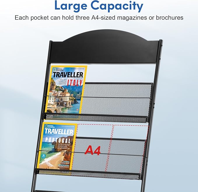 Granville Floor Brochure Stand Magazine Rack, Brochure Display Stand, 4 Pockets Magazine Holder Newspaper Stand with 4 Wheels (2 Lockable), Black