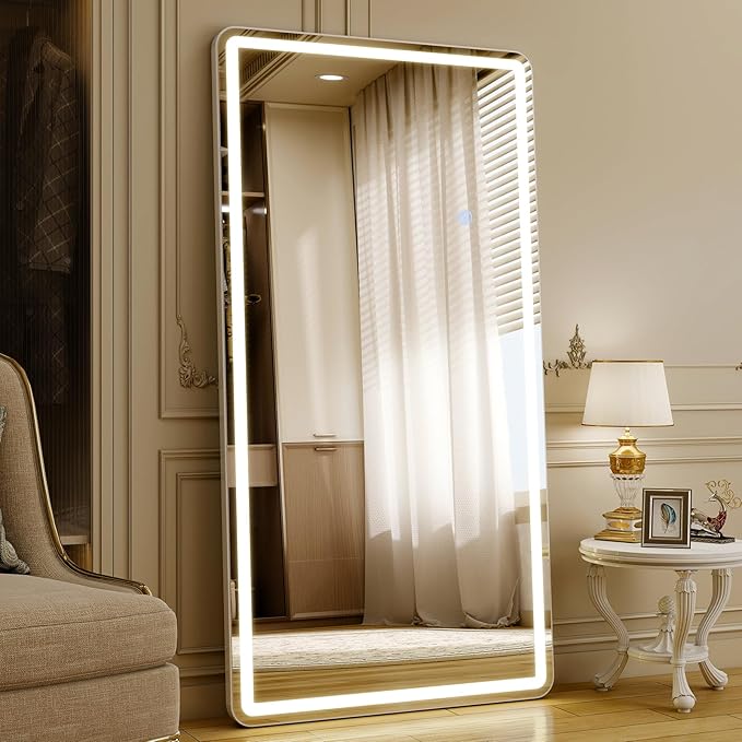 71"x30" LED Full Length Mirror – Standing Floor Mirror with Dimmable Lights 3 Color Modes – Adjustable Brightness, Wall-Mount or Lean for Barber, Fitness Center, Dressing Room, Vanity