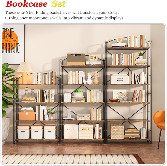 UDD Folding Bookshelf No Assembly, 65"H x 23.7"W, 6 Shelf Foldable Bookcase Industrial Collapsible Bookshelves, Open Storage Book Shelves for Small Spaces Home Office Living Room, Rustic Brown Black