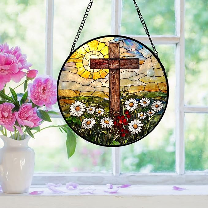 Christian Gifts for Women - Cross Stained Glass Window Hanging Easter Golden Sun Daisy Floral Sun Catcher Garden Religion Decor Mother's Day Catholic Gift for Men Grandma Nana Her 9.8"
