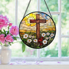 Christian Gifts for Women - Cross Stained Glass Window Hanging Easter Golden Sun Daisy Floral Sun Catcher Garden Religion Decor Mother's Day Catholic Gift for Men Grandma Nana Her 9.8"