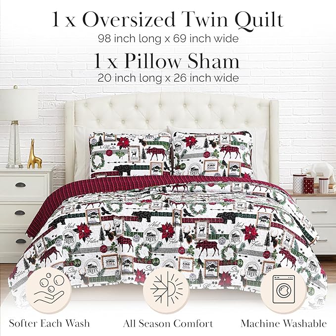 Southshore Fine Living, Inc. Twin Size Christmas Quilt with Matching Pillow Sham, Holiday Bedding Set, Twin/Twin XL Holiday Quilt Set, Reversible Red Plaid Quilt Over Rustic Cabin Print