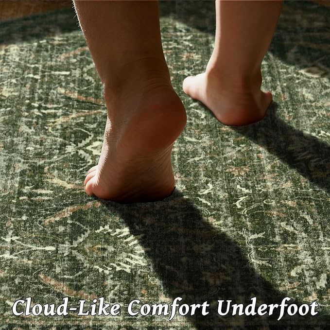 Washable 4x6 Rugs for Living Room, Boho Non-Slip Vintage Distress Small Rugs for Bedroom Nursery Office, 0.3" Neutral Oriental Throw Thin Carpet with Cushioning Pad, Grass Green/Multi