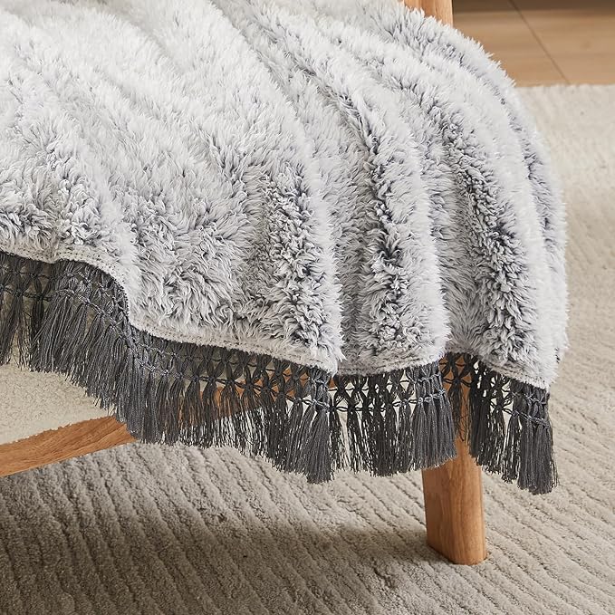 EMME Soft Sherpa Fleece Blanket with Tassel, Reversible Plush Fluffy Large Blanket, Light Weight Warm Decorative Boho Blanket Cover for Sofa, Couch, Bedroom,Travel(Tassel Grey,50"x60")