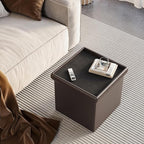YOUDENOVA 15 inches Folding Storage Ottoman, Cube Storage Boxes Footrest, Small Ottomans with Foam Padded Seat, Support 300lbs (Brown, Leather)