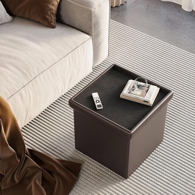 YOUDENOVA 15 inches Folding Storage Ottoman, Cube Storage Boxes Footrest, Small Ottomans with Foam Padded Seat, Support 300lbs (Brown, Leather)