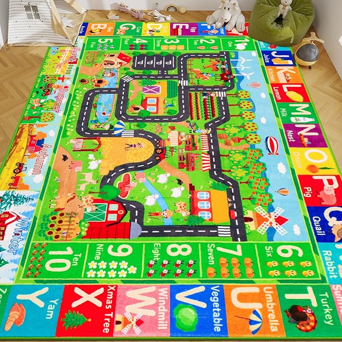 Kids Rug ABC Farm Play Mat for Toy Cars, 78.7"×59" Farm Life Road Traffic for Playroom Kids Car Road Rugs Village Map Play Mat Non-Slip Washable Play Rug for Toddlers Boys Room Playtime