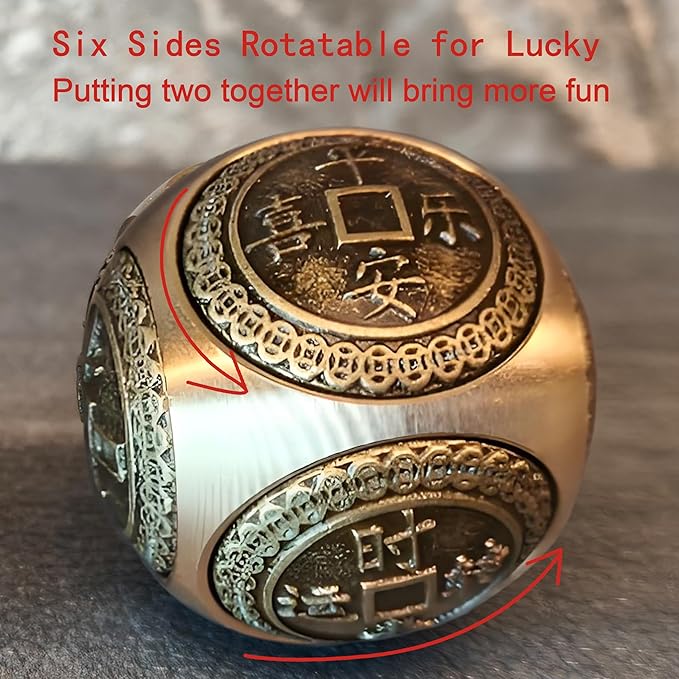 Brass Lucky Ball 6 Sides Rotatable Feng Shui Ornament Wealth Statue Treasure Ball Fengshui Sculpture Chinese Traditional Home Decor (F1 Lucky Ball)