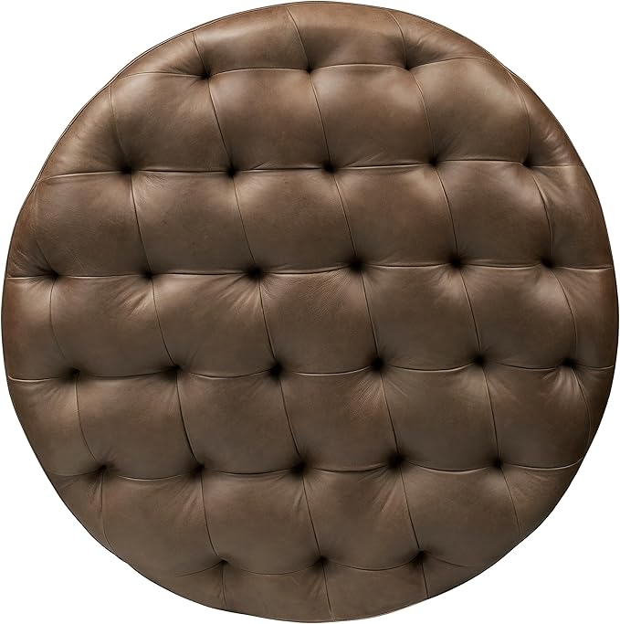 Poly & BARK Ascot Ottoman – 40" Round Pouf with Feather-Down Topper – Full-Grain Leather Upholstered Pouf Ottoman for Living Room – Vintage Italian Leather in Cocoa Brown
