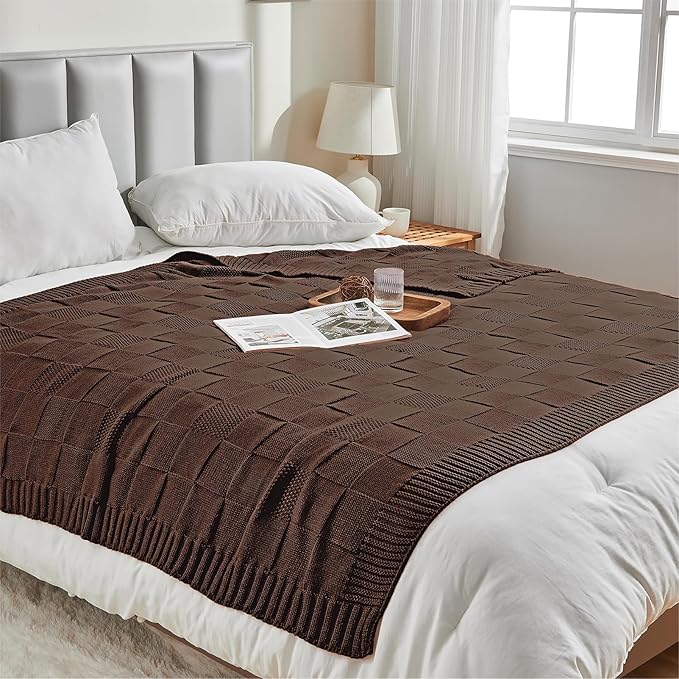 CozeCube Check Knit Throw Blanket, Dark Brown Checkered Throw for Couch, Decorative Christmas Soft Cozy Warm Knitted Blanket for Bed Sofa Living Room, 50"X60"
