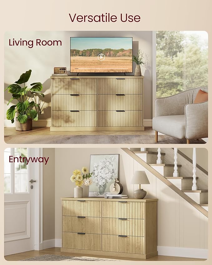 VASAGLE MAXE Collection - 6-Drawer Double Dresser for Bedroom, 54.2-Inch Wide Chest of Drawers, Fluted Panels, Mid Century Modern Storage Dresser, TV Stand for Living Room, Oak Beige ULTS662YC01S