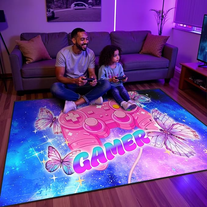 Pink Gaming Rugs for Girls Bedroom Butterfly Rug 4x6 ft Gaming Room Decor Gaming Area Rug Teen Gamer Blue and Pink Carpet for Livingroom,Kids Room,Playroom & Game Room Non-Slip Floor Mat