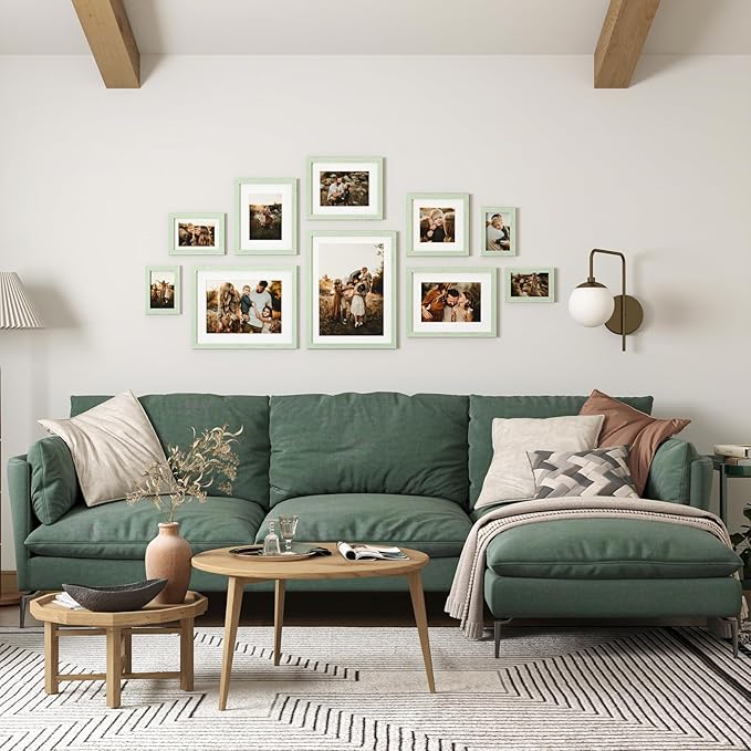 Egofine 11x14 Picture Frames Set of 4, Made of Solid Wood Covered by Plexiglass 5x7 and 8x10 with Mat or 11x14 without Mat, for Table Top Display and Wall Mounting Photo Frame Rustic Green