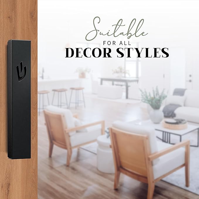 SURI Mezuzah and Scroll – 5 Inch Black Aluminum Mezuzah Case with a Printed Scroll, Open-Back Design for Indoor Use, Self-Stick Adhesive, Fits a 4 Inch Mezuza Scroll, Gift Box Included