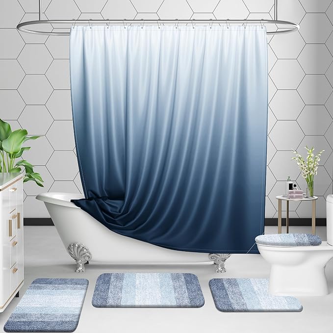 OLANLY Bathroom Rug Set 2 Piece, Soft Absorbent Microfiber Bath Rug Set, Non-Slip, Machine Wash Dry, Plush Shaggy Bath Mats for Bathroom (47"x20"+24"x16", Blue)