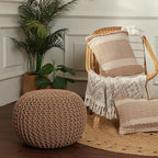 REDEARTH · Round Pouf Ottoman - Hand Knitted Cable Boho Poof Home Décor Pouffe Circular Footrest for Living Room - Nursery - Bedroom - Lounge 100% Cotton (19.5”x19.5”x14”) - Beige, Set of 2