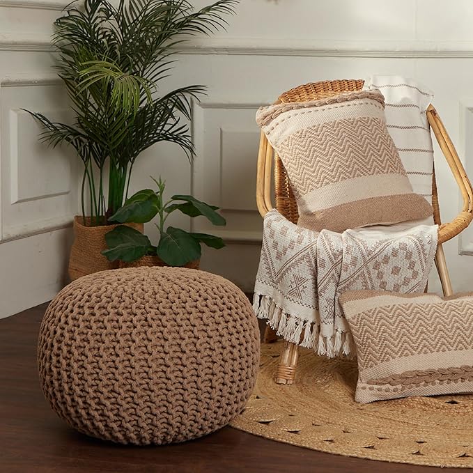 REDEARTH · Round Pouf Ottoman - Hand Knitted Cable Boho Poof Home Décor Pouffe Circular Footrest for Living Room - Nursery - Bedroom - Lounge 100% Cotton (19.5”x19.5”x14”) - Beige, Set of 2
