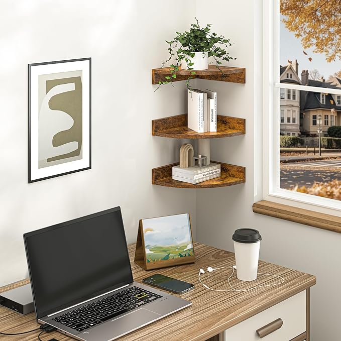 Fun Memories Corner Shelf Wall Mount, Wood Floating Corner Shelves, Corner Wall Shelf for Bedroom, Bathroom, Kitchen, Living Room (Brown, 3 Pack)