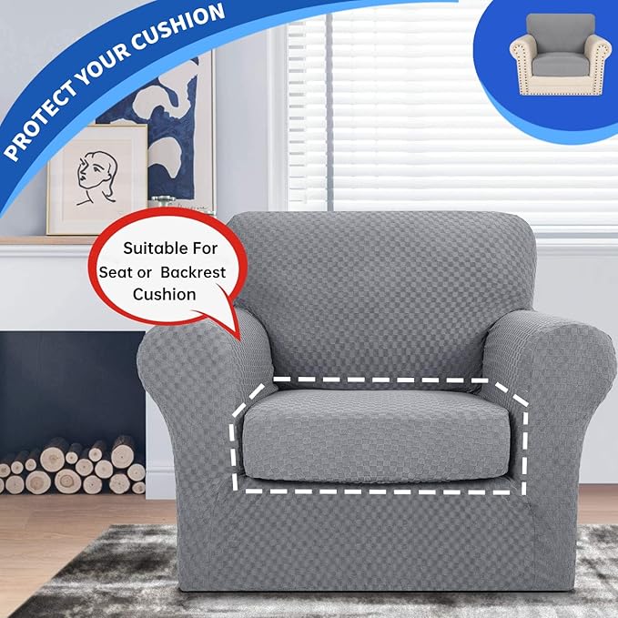 YEMYHOM Stretch Individual Cushion Covers Sofa Chair Seat Cushion Slipcovers Soft Couch Cover Replacement Large Checkered Furniture Protector with Elastic Bottom (1 Pc Cushion Cover, Light Gray)