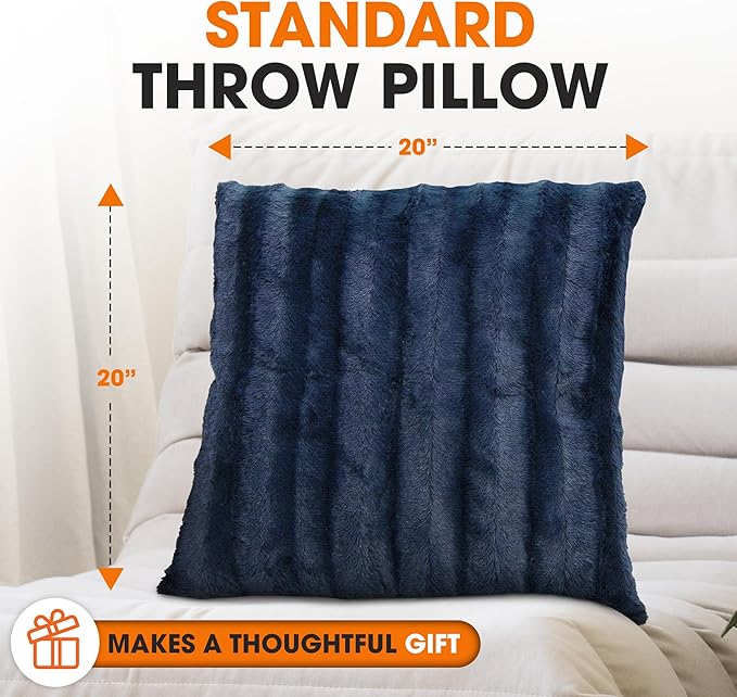 Cheer Collection Faux Fur Throw Pillows - Decorative Pillows for Couch, Bed Throw Pillows, Blue Accent Pillows for Bedroom or Living Room Aesthetic, Set of 2 Furry Throw Pillows, 20" x 20"