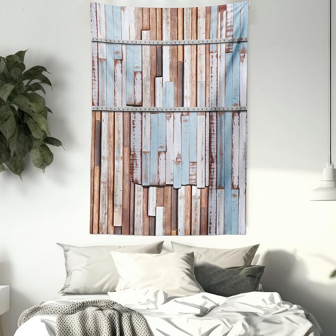 Ambesonne Rustic Tapestry, Nautical Wooden Planks Tree Designs on Rusty Screws Art Print, Wall Hanging for Bedroom Living Room Dorm Decor, 40" X 60", Mauve Teal