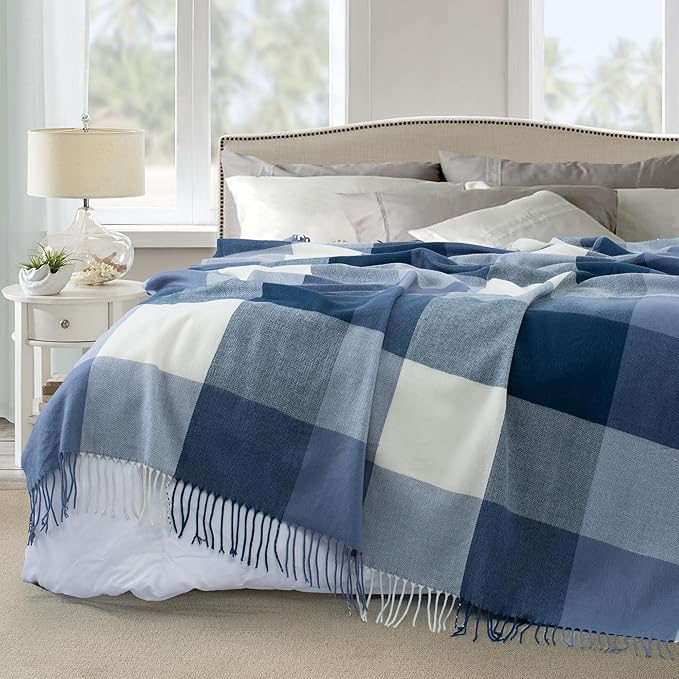 Buffalo Plaid Twin Blanket for Couch with Tassels,60"X80" Soft Lightweight Knitted Boho Decorative Blankets for Bed and Sofa Blue