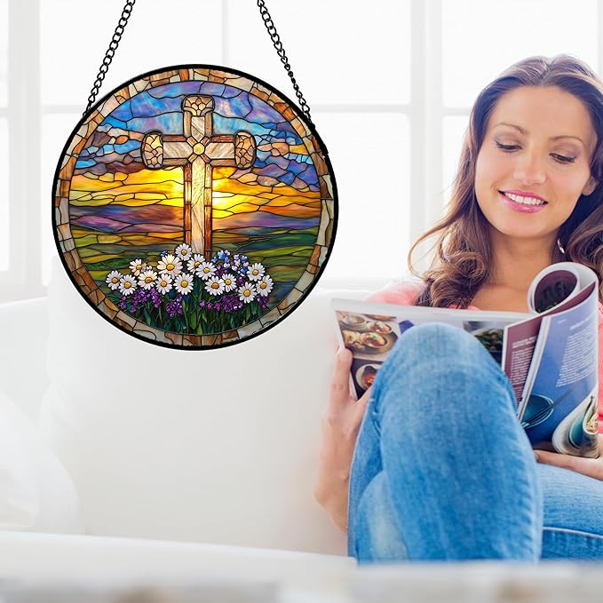 Christian Gifts for Women - Cross Stained Glass Window Hanging Jesus Easter Daisy Grassland Sunset Sun Catcher Garden Religion Decor Mother's Day Catholic Gift for Men Grandma Nana Her 15"