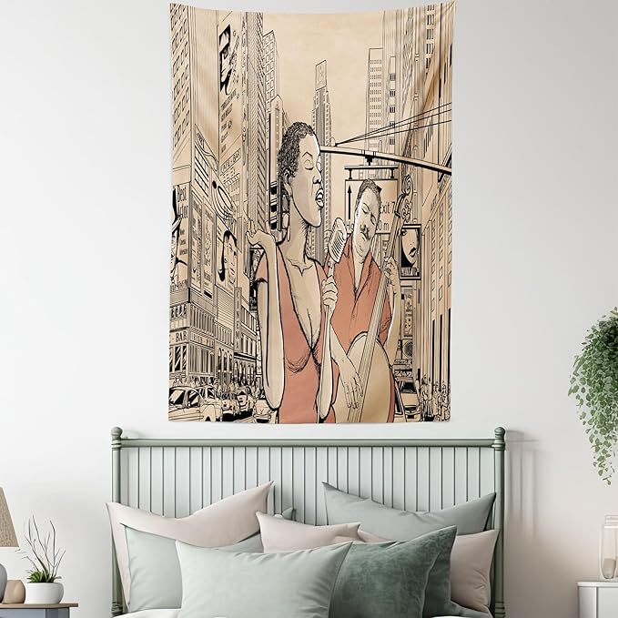 Ambesonne Jazz Music Tapestry Twin Size, Singer Double-Bass Player in a Street of New York Urban Lifestyle Image, Wall Hanging Bedspread Bed Cover Wall Decor, 68" X 88", Brown Beige