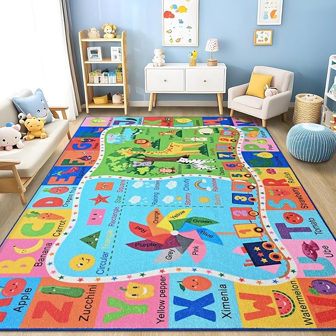 Kids Rug for Playroom, 5x7 ABC Educational Carpet for Classroom, Fun Alphabet Area Rugs for Learn Numbers Colors Animal Weather and Shapes Playmat for Girls Boys Room Nursery Decor