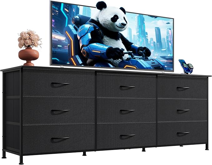 WLIVE 63''W Dresser for Bedroom, Black Dresser TV Stand for 65, 70, 75 inch TV, Wide Chest of Drawers with 9 Drawer, Large Entertainment Center, Fabric Dressers with Wood Top for Closet, Living Room