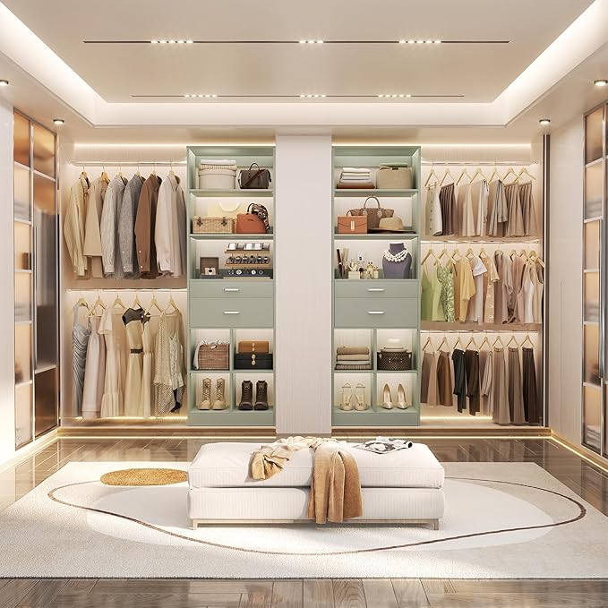 Closet System, 4-8 FT Closet Organizer Tower with 2 Wooden Drawers and 5 Hanging Rods, Can Fit 60 to 96 inch Walk-in Closet System, Crab Green