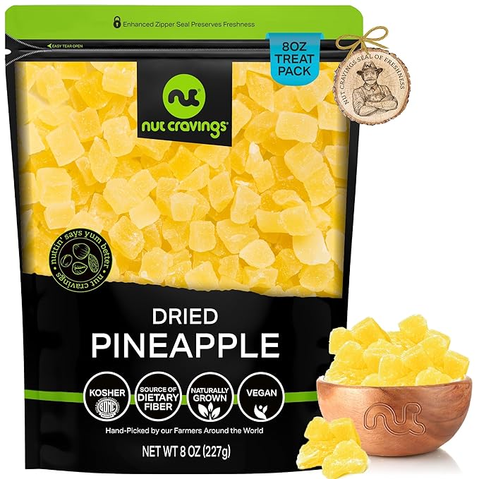 NUT CRAVINGS - Dried Pineapple Chunks, Lightly Sweetened (8oz, 1 Pack) Tu Bishvat Favorite - Sweet Healthy Snack, Vegan, Kosher, Resealable Bag
