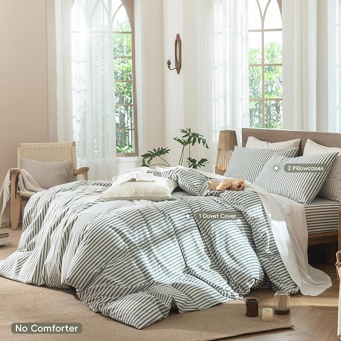 MooMee Striped Duvet Cover Set 100% Washed Cotton Linen Like Textured Breathable Durable Soft Comfy (Heathered Green Classic Stripes, Oversized Full 82"x86")
