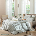 MooMee Striped Duvet Cover Set 100% Washed Cotton Linen Like Textured Breathable Durable Soft Comfy (Heathered Green Classic Stripes, Super King 108"x98")