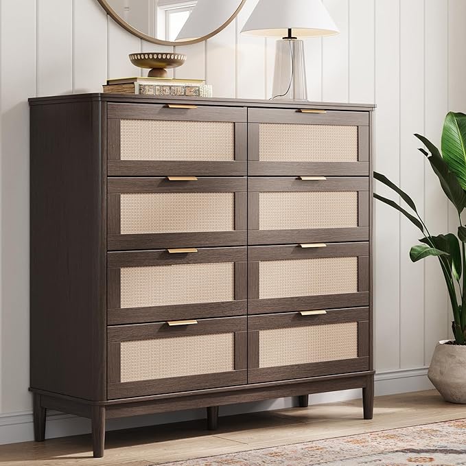 LINSY HOME Rattan Dresser with 8 Deep Drawers, 54" Wide Long Chest of Drawers, Mid Century Modern Tall Dresser, Large Wood Boho Storage Cabinet for Bedroom with Metal Handle and Durable Legs, Walnut