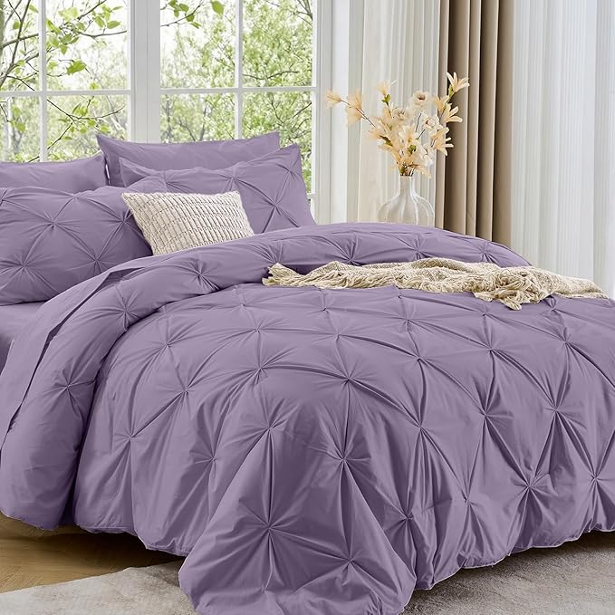 Sasttie Twin XL Comforter Set, 5-Piece Bed in a Bag, Pintuck Bedding Sets for All Season, Includes Comforter, Flat Sheet, Fitted Sheet, Pillowcase and Pillowsham, New Purple