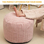 Round Stuffed Pouf Ottoman for Foot Rest, Storage Ottoman Pouf Foot Stool Cushion, Faux Fur Poufs with Foam Chunk Filling, 20 X 15 Inch Floor Chair for Living Room Bedroom Home Decor, Pink