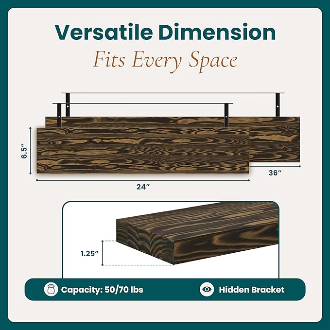 36'' Pine Wood Floating Shelves for Wall- Set of 2 - Rustic Wall Mounted Wooden Shelf for Stylish Home Décor (Dark Brown, 36x6.5x1.25)