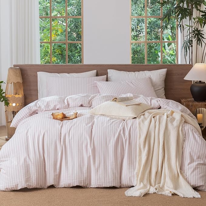 MooMee Striped Duvet Cover Set 100% Washed Cotton Linen Like Textured Breathable Durable Soft Comfy (Heathered Greyish Pink Classic Stripes, Palatial King/Oversized King 120"x98")