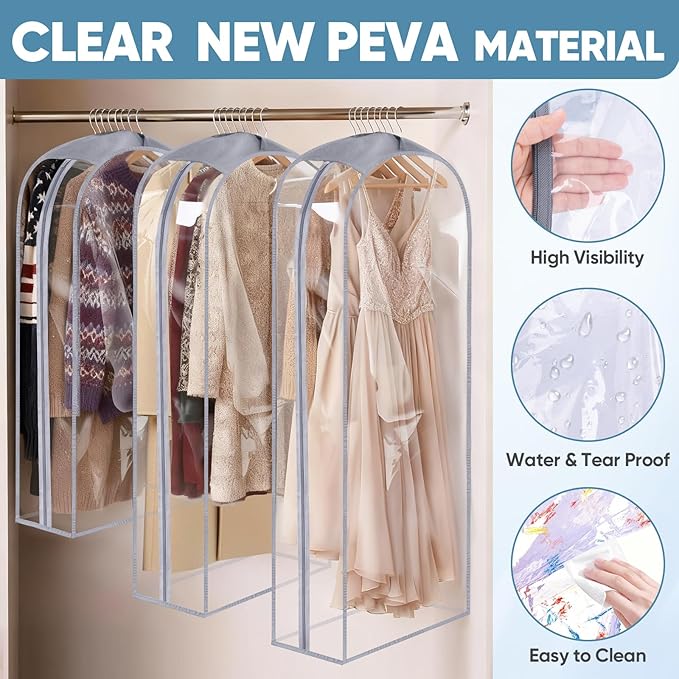 BALEINE 60'' Clear Garment Bags for Hanging Clothes, 10.5'' Wide PEVA Suit Bag for Closet Clothes Dresses Coat (Clear, 9PK)