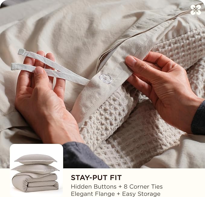 Bedsure Cotton Duvet Cover Set - 100% Cotton Waffle Weave Linen Color Duvet Cover California King Size, GentleSoft™ and Breathable Cal King Bedding Set for All Season, 3 Pieces, 104"x98"