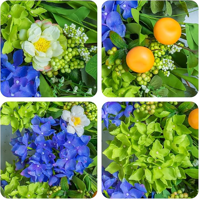 Spring Wreaths for Front Door 24 Inch, Summer Wreath Outdoor，Silk Hydrangea Wreath with White Blossoms & Mini Mandarins, Rustic Farmhouse Indoor & Outdoor Seasonal Wreath, Spring&Summer Home Decor