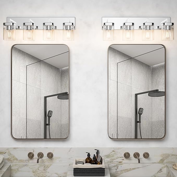 Chrome Bathroom Vanity Light, Square Design 4 Lights Morden Vanity Lighting Fixtures Over Mirror, Bathroom Vanity Light Fixtures for Living Room/Bedroom