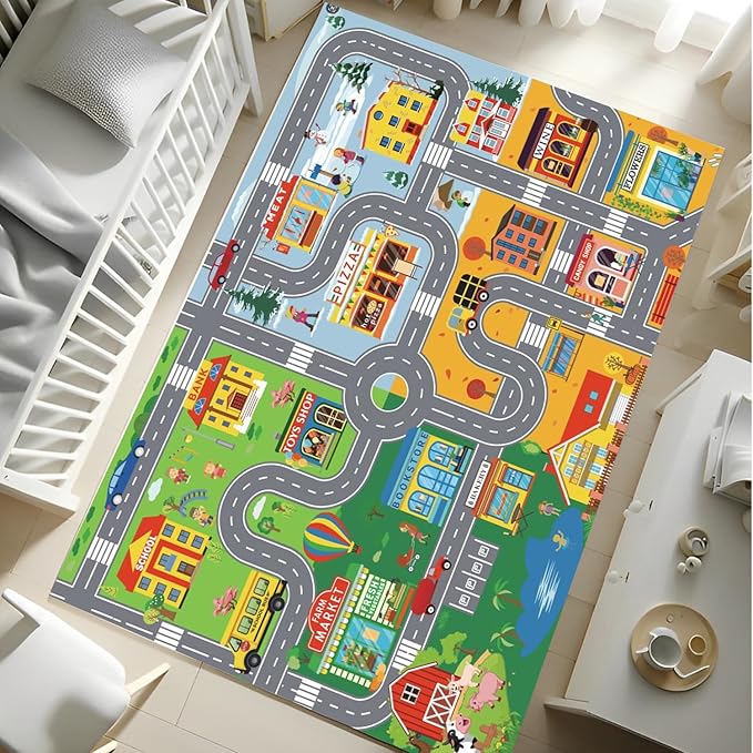 Car Rugs for Kids Toy Cars,Kids Play Rug with Non-Silp Backing, City Road Carpet for Playroom Bedroom Boys, Car Track Map Playmat - 6'7" x 4'11" (Rectangular)