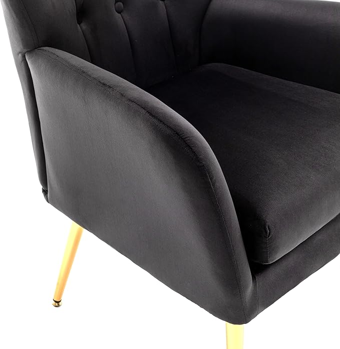 Modern Chic Mid-Century Velvet Accent Armchair for Living Room, Bedroom, or Home Office, Button-Tufted Wingback Design with Gold Flared Legs, Black